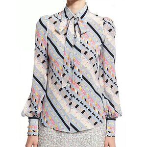 Marc Jacobs Tie Neck Bishop Sleeve Blouse Silk Top Emoji Blue Pastel Stripe 6